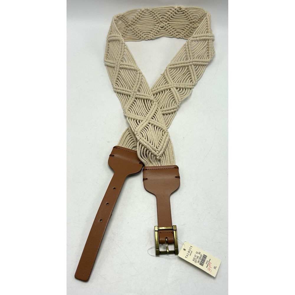 Talbots Statement Belt Womens XL Ivory Cotton Woven Braided Leather Trim Boho